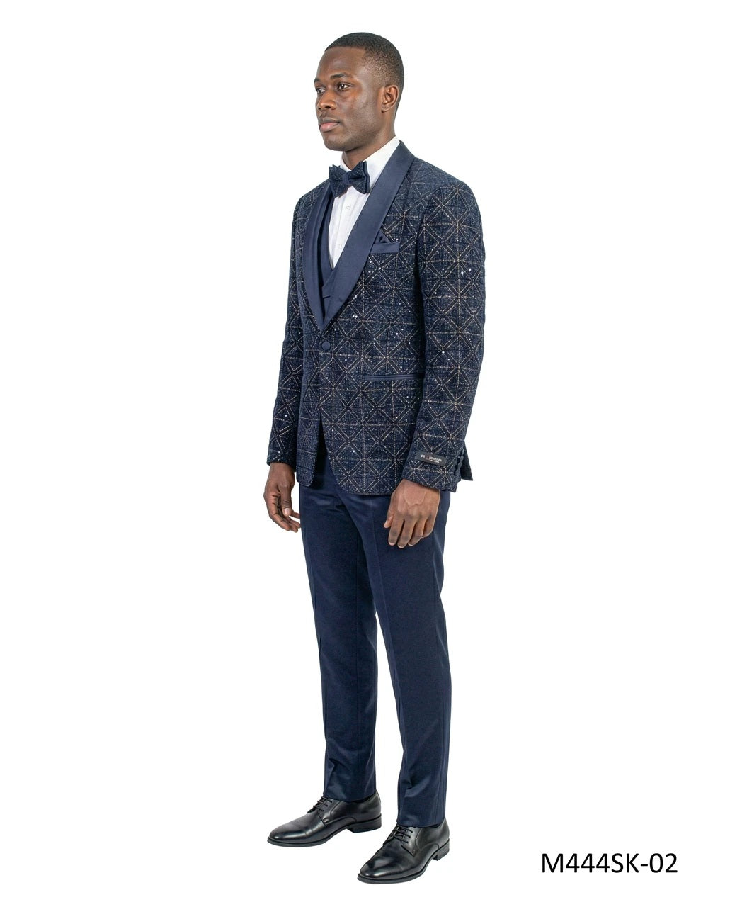 Navy Velvet Sequin Satin Shawl Lapel 3 Piece Men's Fashion Suit
