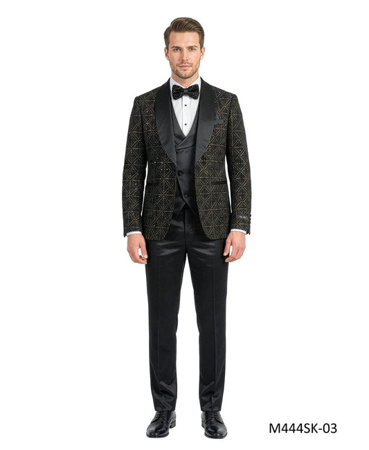 Black Velvet Sequin Satin Shawl Lapel 3 Piece Men's Fashion Suit