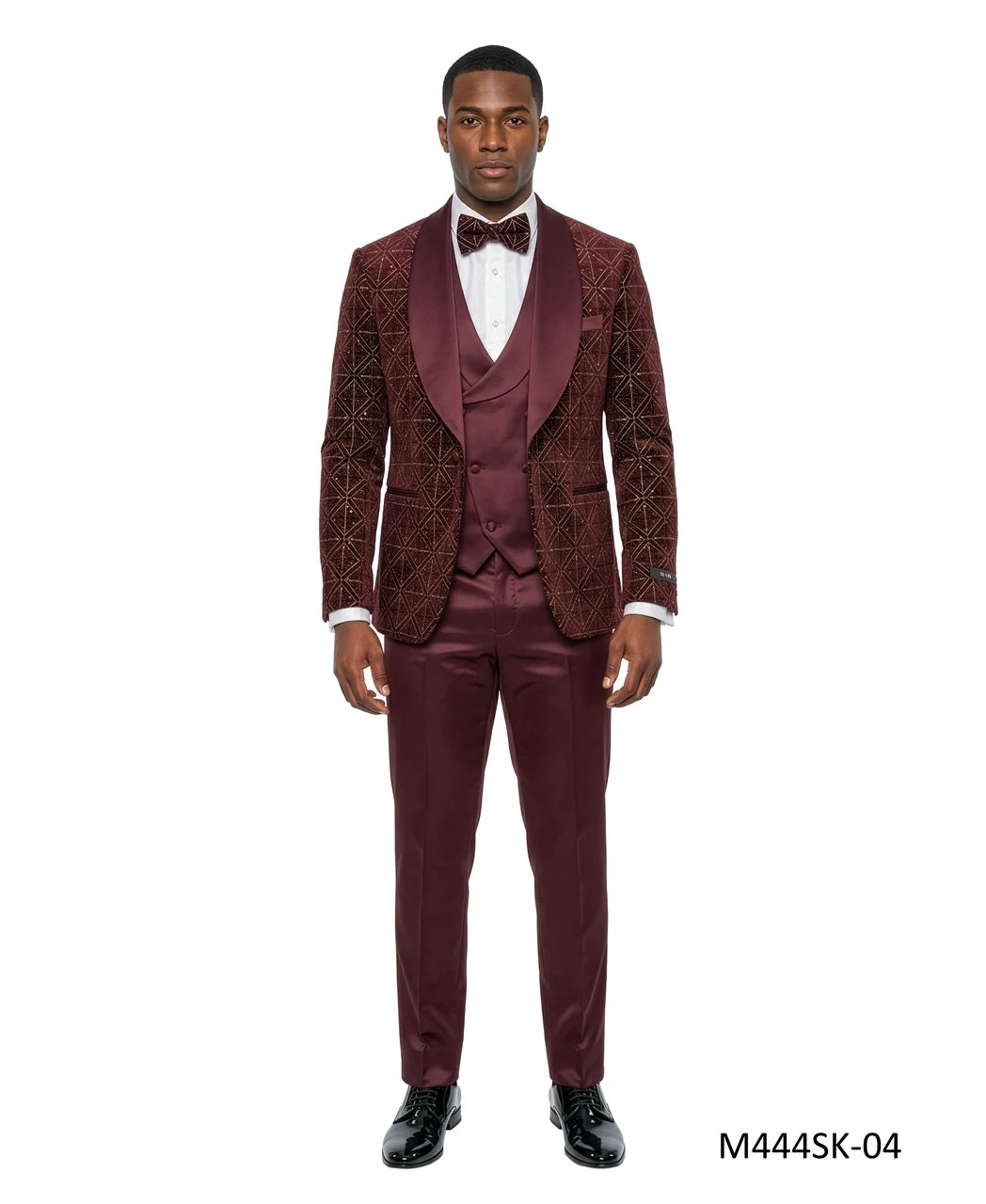Burgundy Velvet Sequin Satin Shawl Lapel 3 Piece Men's Fashion Suit