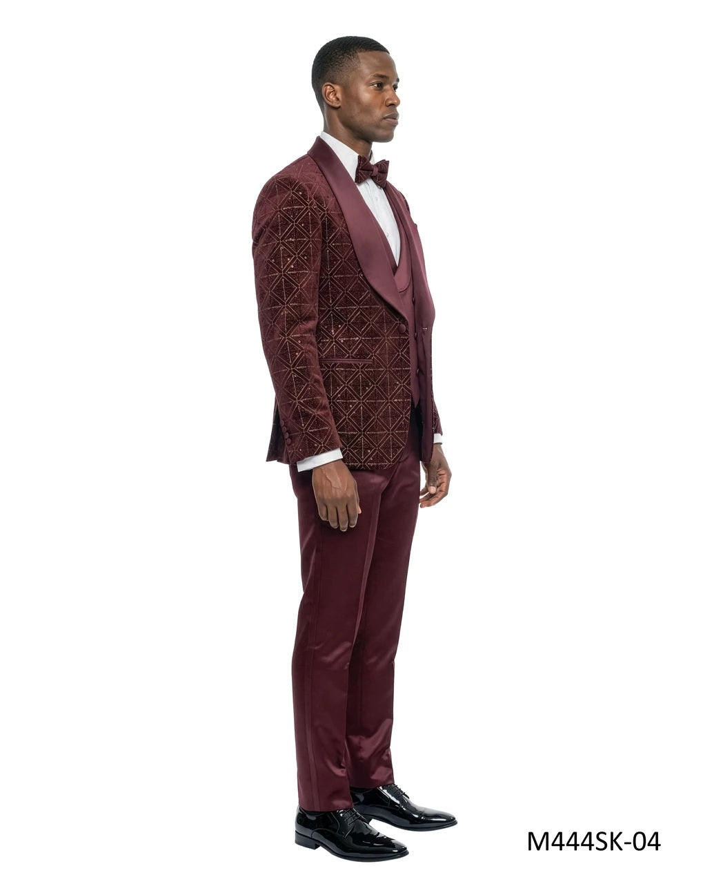 Burgundy Velvet Sequin Satin Shawl Lapel 3 Piece Men's Fashion Suit