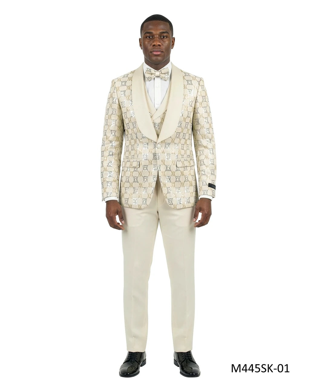 Champagne Chained Sequin Satin Shawl Lapel 3 Piece Men's Fashion Suit w/ Matching Bowtie