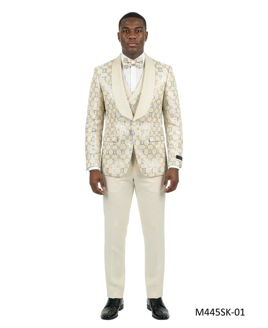 Champagne Chained Sequin Satin Shawl Lapel 3 Piece Men's Fashion Suit w/ Matching Bowtie