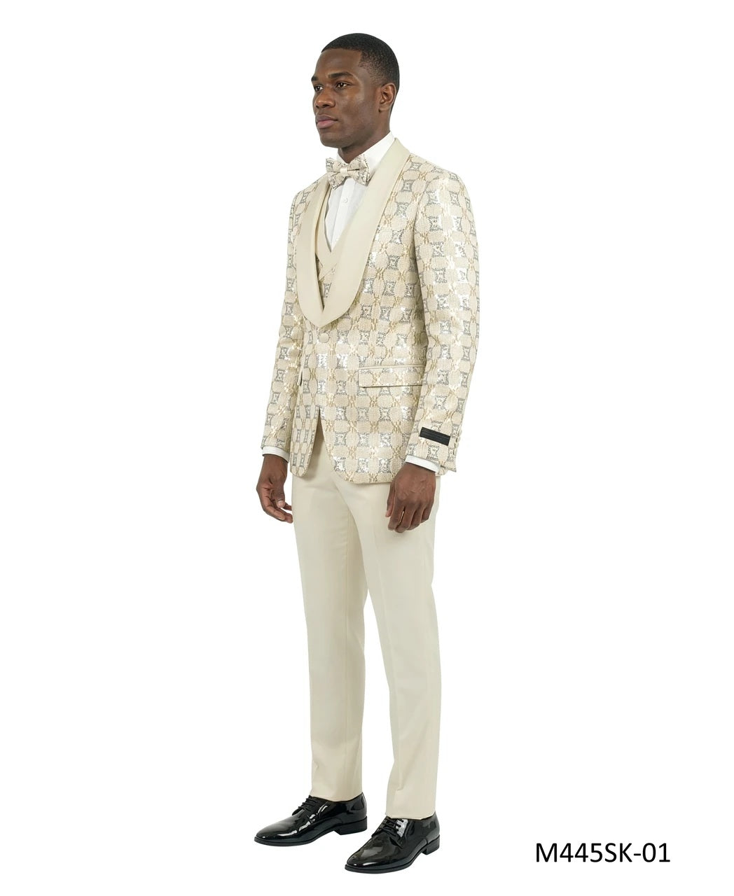 Champagne Chained Sequin Satin Shawl Lapel 3 Piece Men's Fashion Suit w/ Matching Bowtie