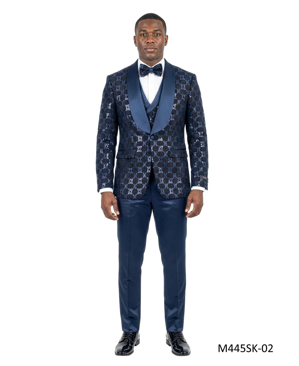 Navy Chained Sequin Satin Shawl Lapel 3 Piece Men's Fashion Suit w/ Matching Bowtie