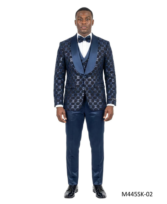 Navy Chained Sequin Satin Shawl Lapel 3 Piece Men's Fashion Suit w/ Matching Bowtie