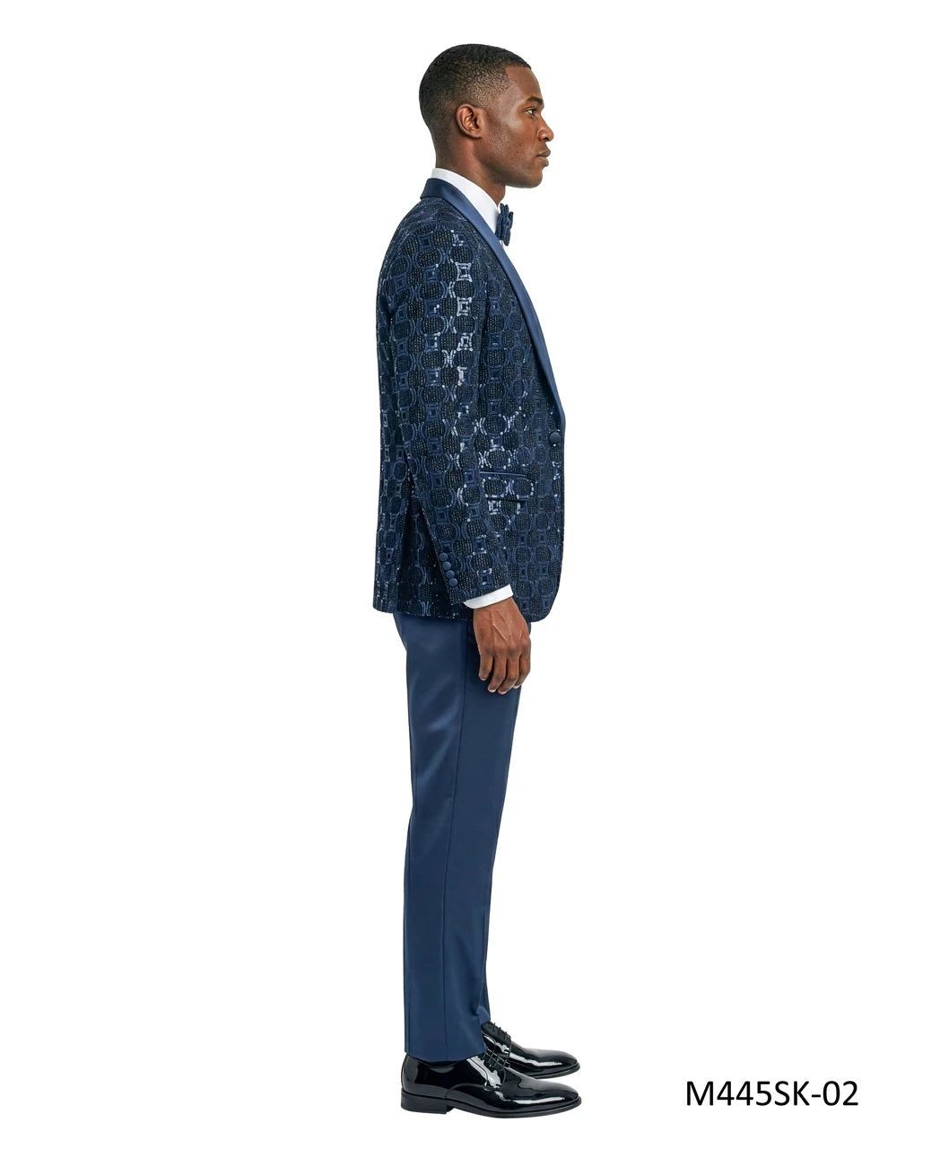 Navy Chained Sequin Satin Shawl Lapel 3 Piece Men's Fashion Suit w/ Matching Bowtie