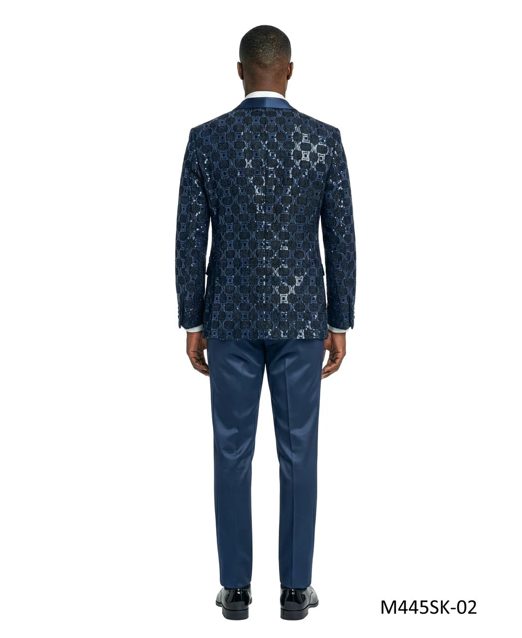 Navy Chained Sequin Satin Shawl Lapel 3 Piece Men's Fashion Suit w/ Matching Bowtie