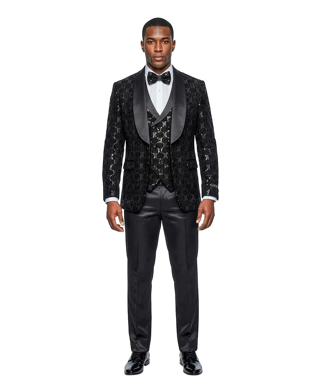 Black Chained Sequin Satin Shawl Lapel 3 Piece Men's Fashion Suit w/ Matching Bowtie