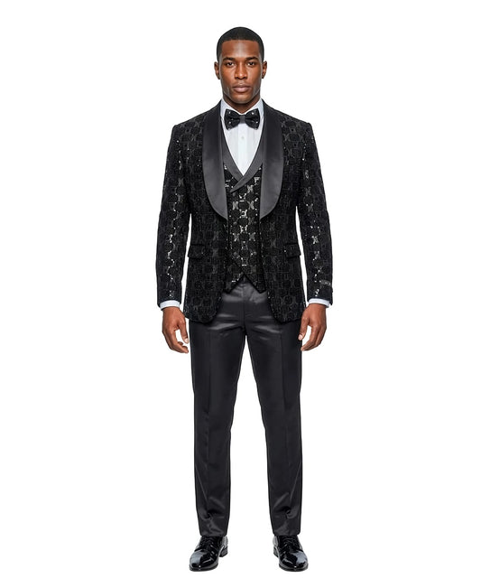 Black Chained Sequin Satin Shawl Lapel 3 Piece Men's Fashion Suit w/ Matching Bowtie