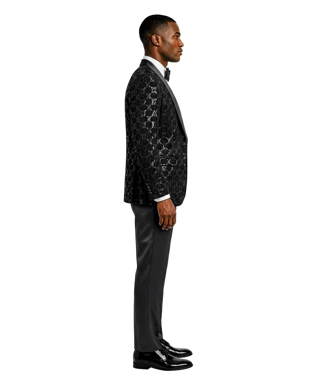 Black Chained Sequin Satin Shawl Lapel 3 Piece Men's Fashion Suit w/ Matching Bowtie