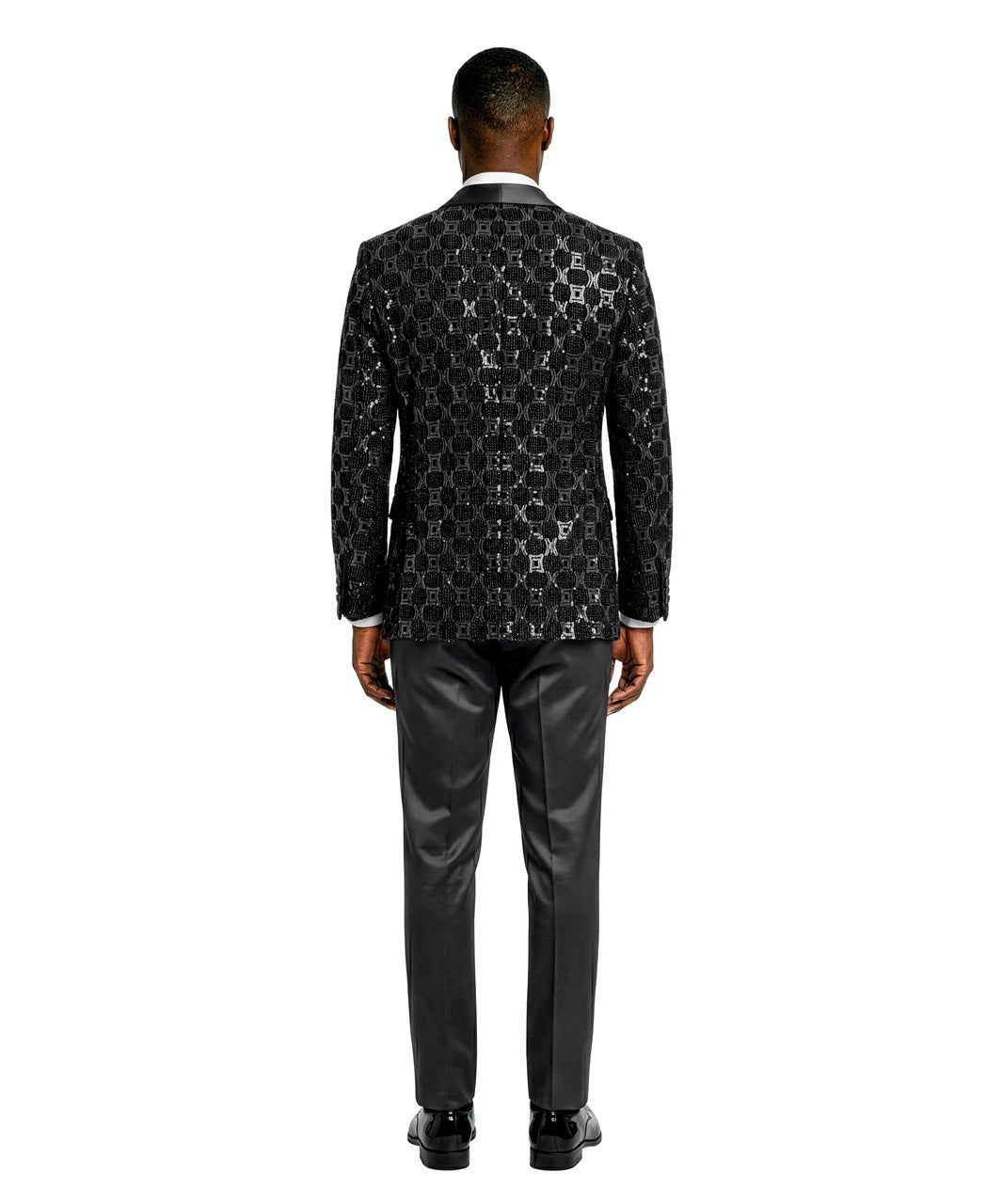 Black Chained Sequin Satin Shawl Lapel 3 Piece Men's Fashion Suit w/ Matching Bowtie
