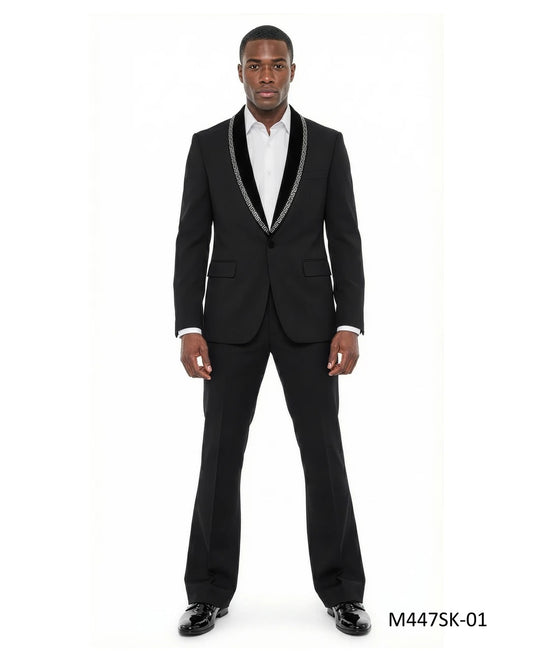 Solid Black Studded Trim Shawl Lapel w/ Flared Pants 2 Piece Men's Suit