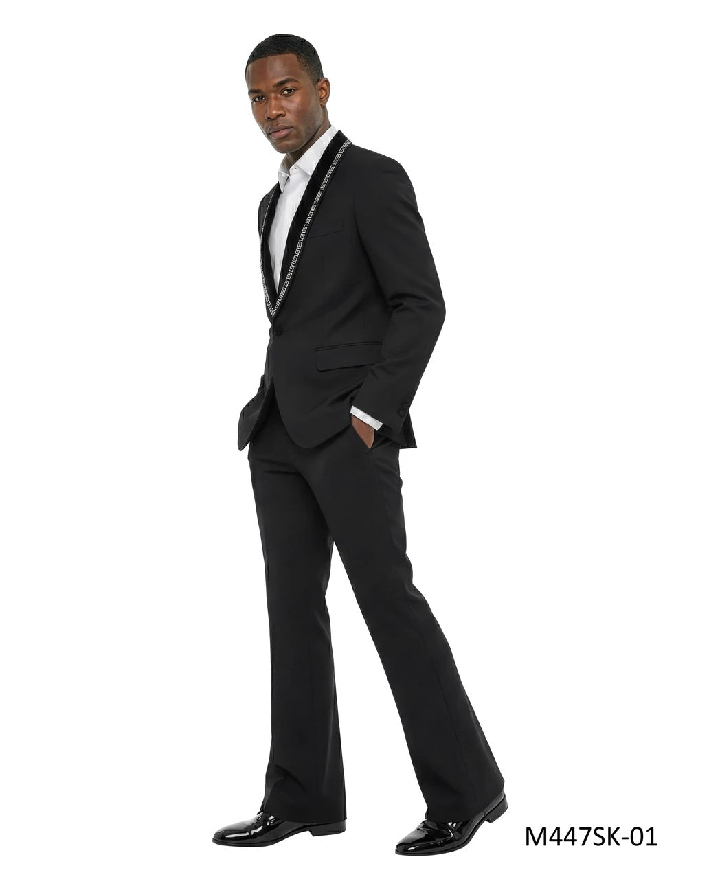 Solid Black Studded Trim Shawl Lapel w/ Flared Pants 2 Piece Men's Suit