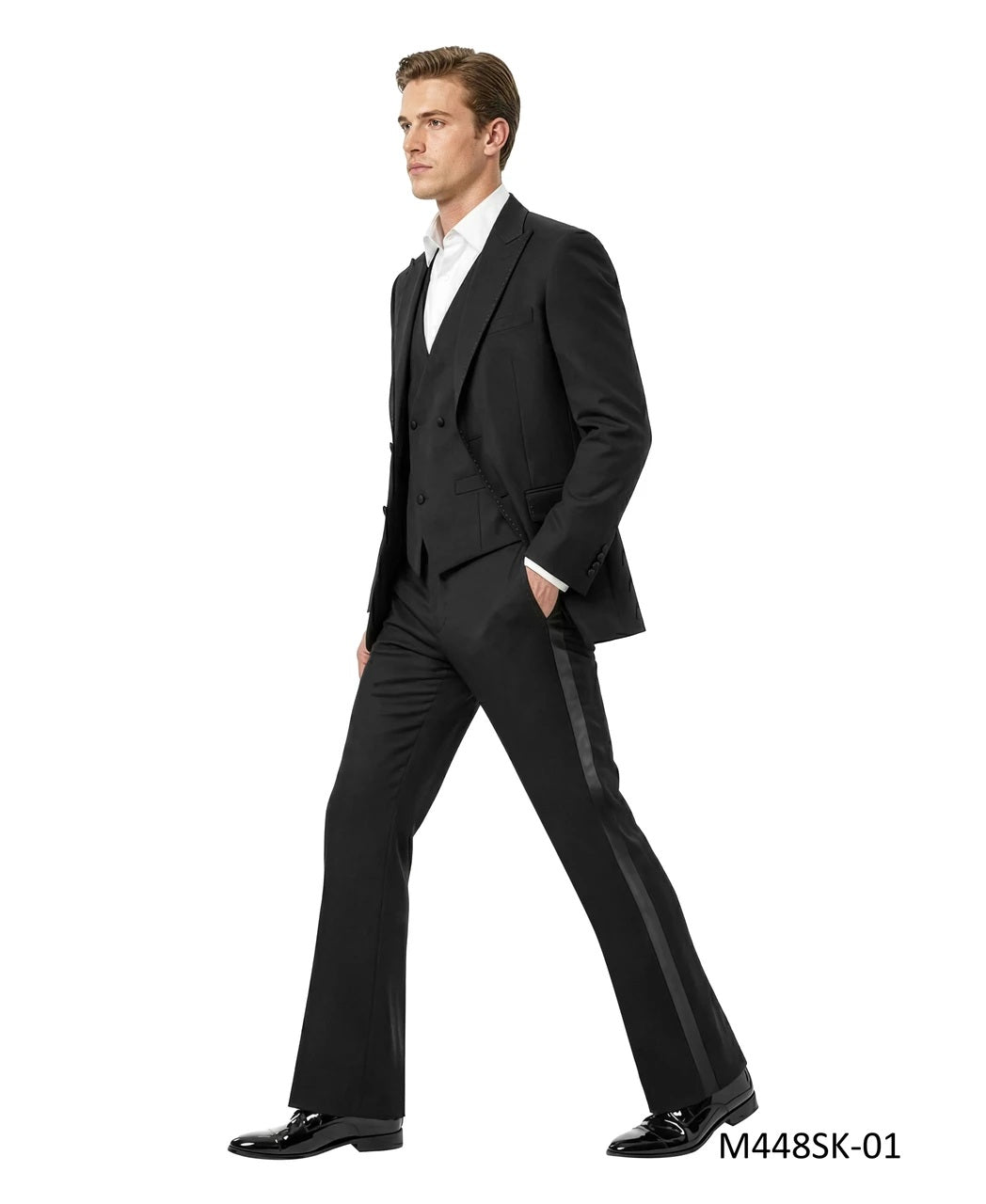 Solid Black Pick Stich Peak Lapel w/ Flared Pants 3 Piece Men's Suit