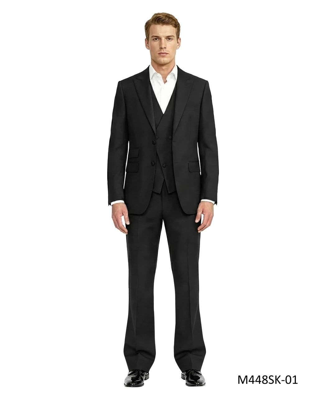 Solid Black Pick Stich Peak Lapel w/ Flared Pants 3 Piece Men's Suit