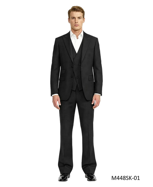 Solid Black Pick Stich Peak Lapel w/ Flared Pants 3 Piece Men's Suit