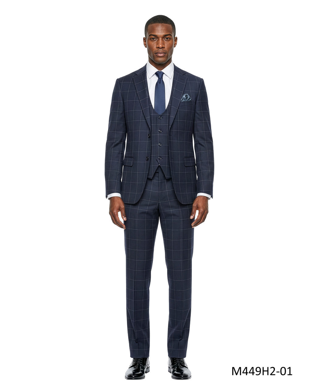 Blue Windowpane Plaid Notch Lapel 3 Piece Men's Suit