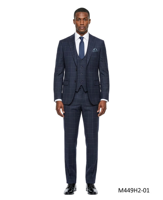 Blue Windowpane Plaid Notch Lapel 3 Piece Men's Suit