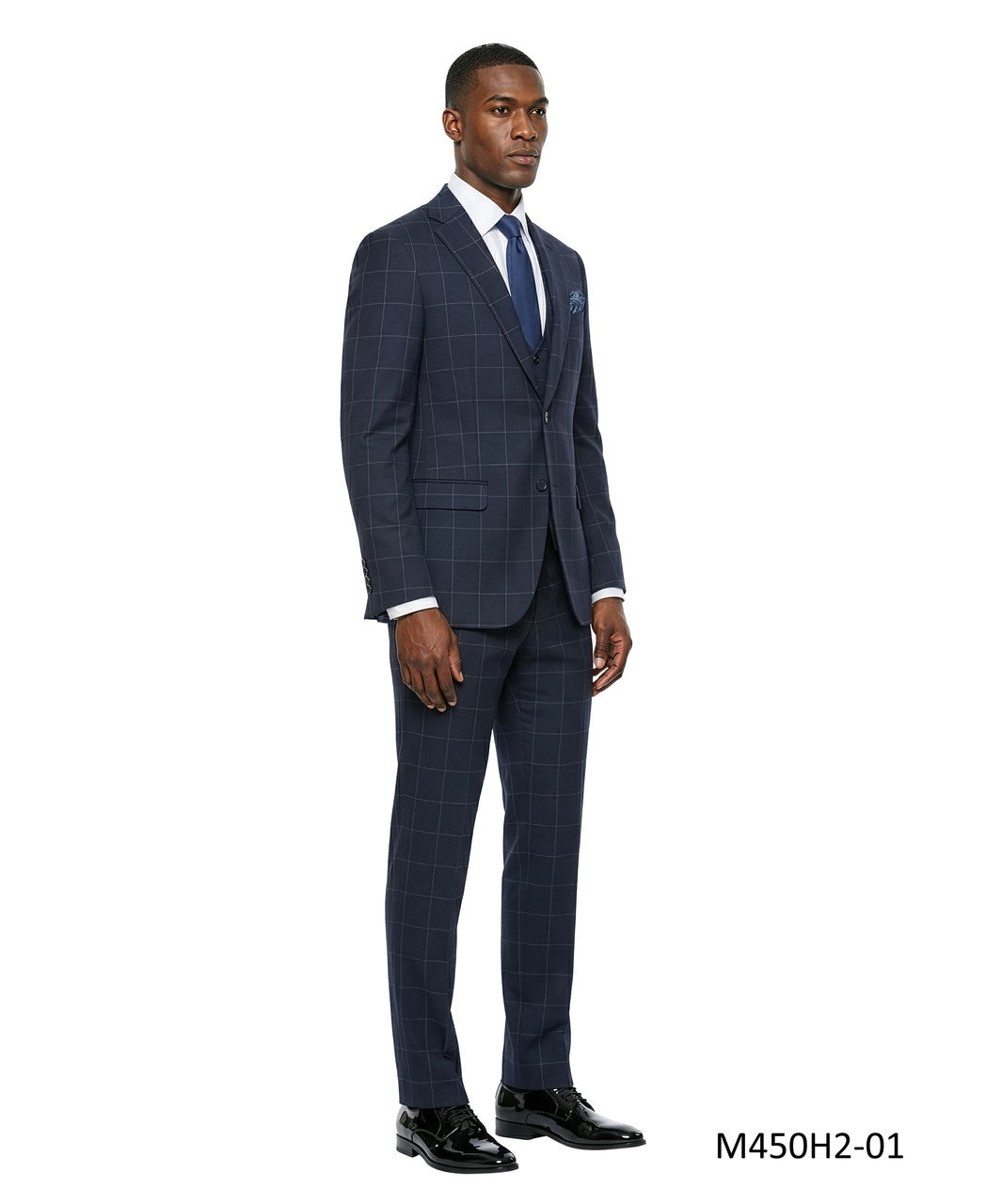Blue Windowpane Plaid Notch Lapel 3 Piece Men's Suit