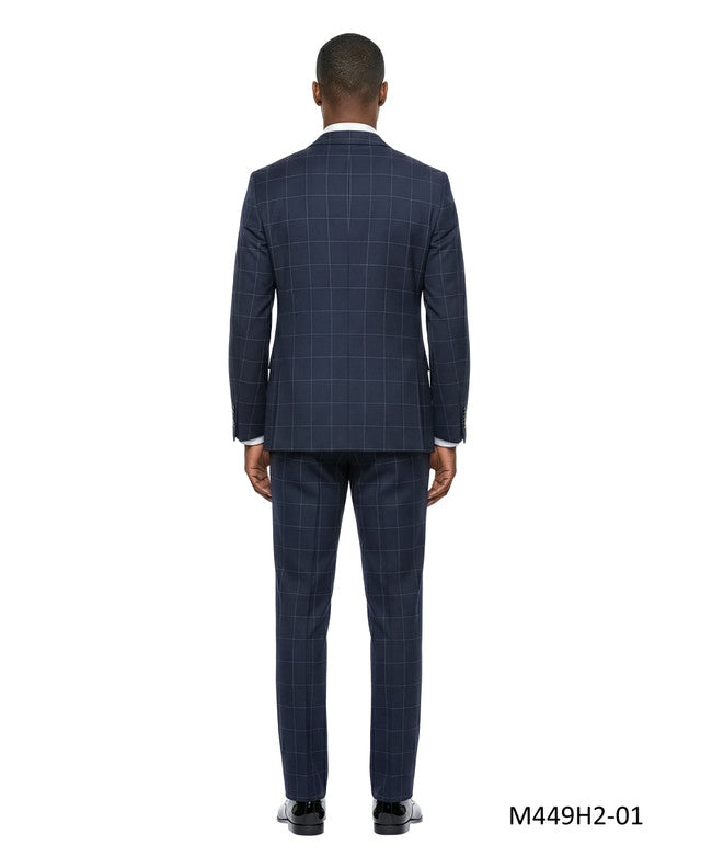 Blue Windowpane Plaid Notch Lapel 3 Piece Men's Suit