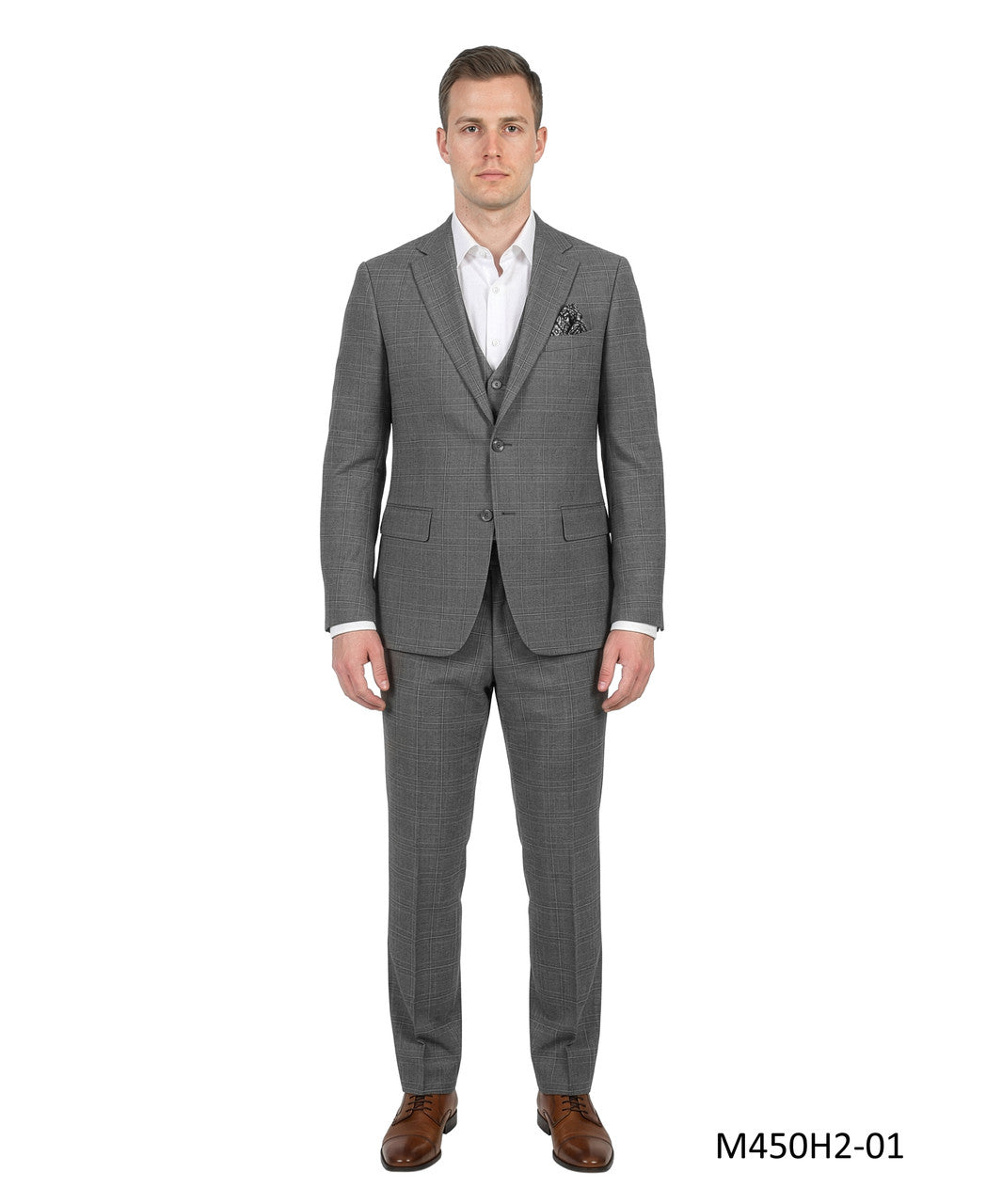 Grey Plaid Notch Lapel 3 Piece Men's Suit