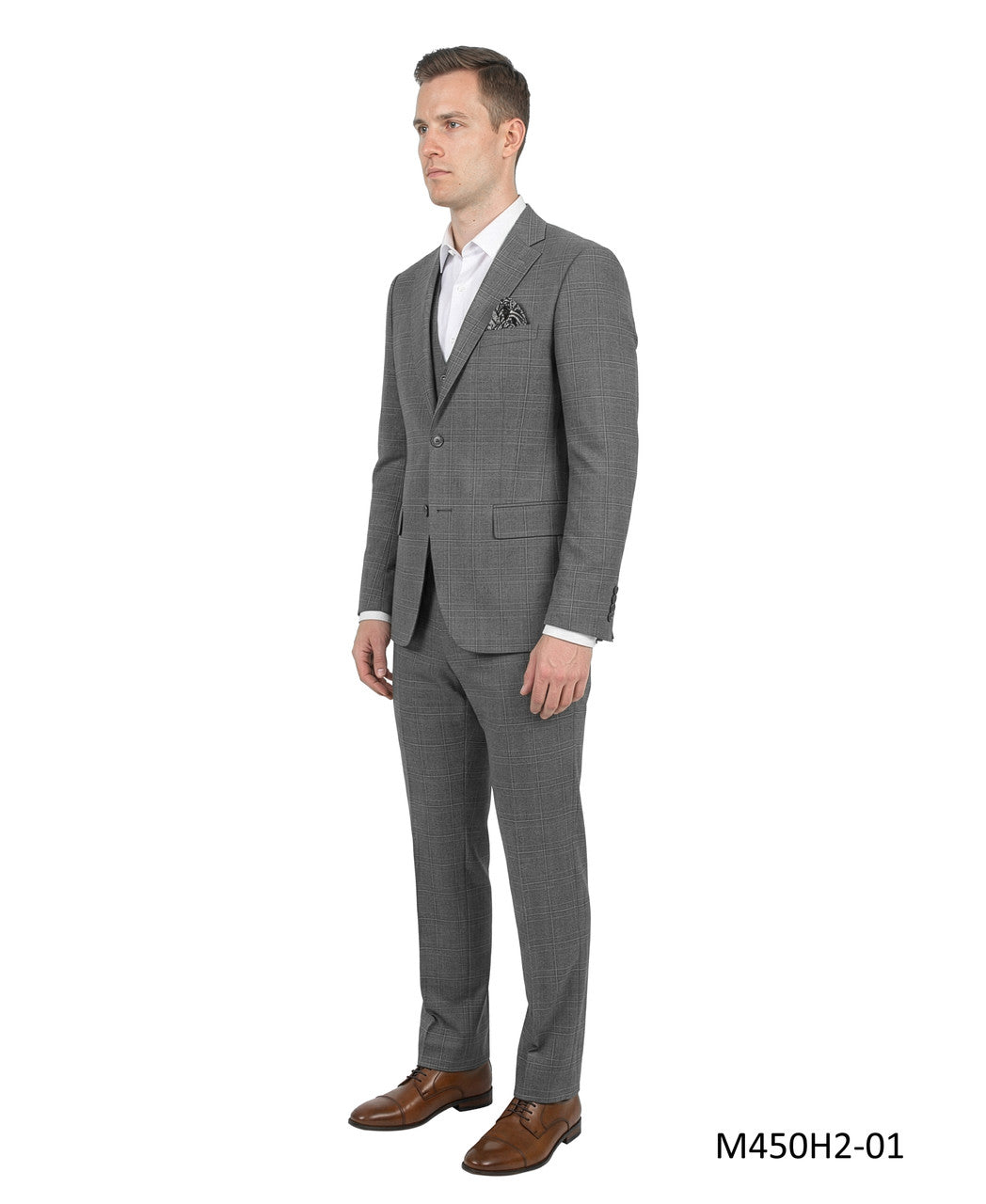 Grey Plaid Notch Lapel 3 Piece Men's Suit