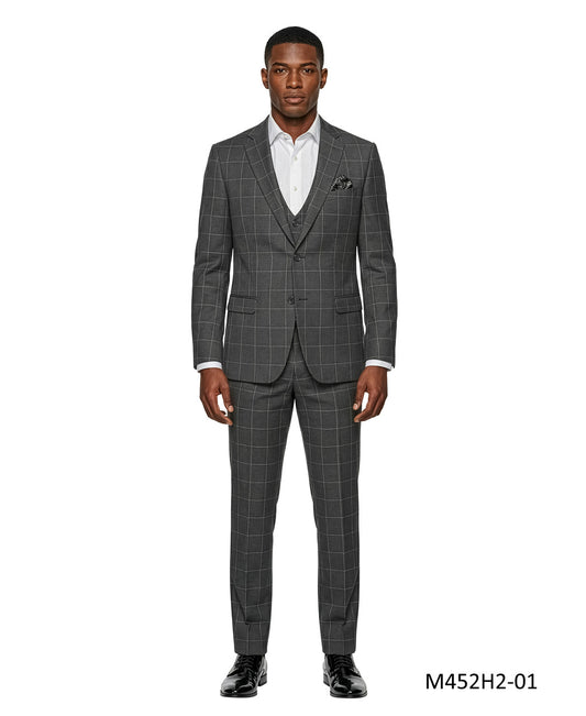 Dark Grey Windowpane Plaid Notch Lapel 3 Piece Men's Suit