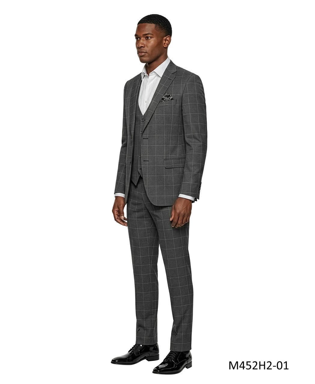 Dark Grey Windowpane Plaid Notch Lapel 3 Piece Men's Suit