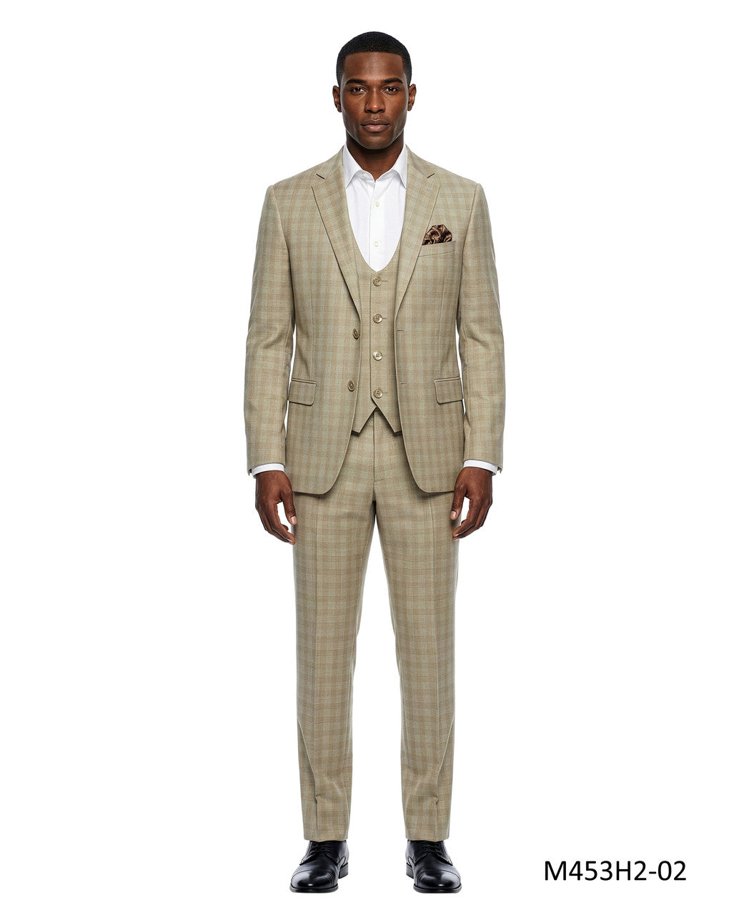 Beige Windowpane Plaid Notch Lapel 3 Piece Men's Suit