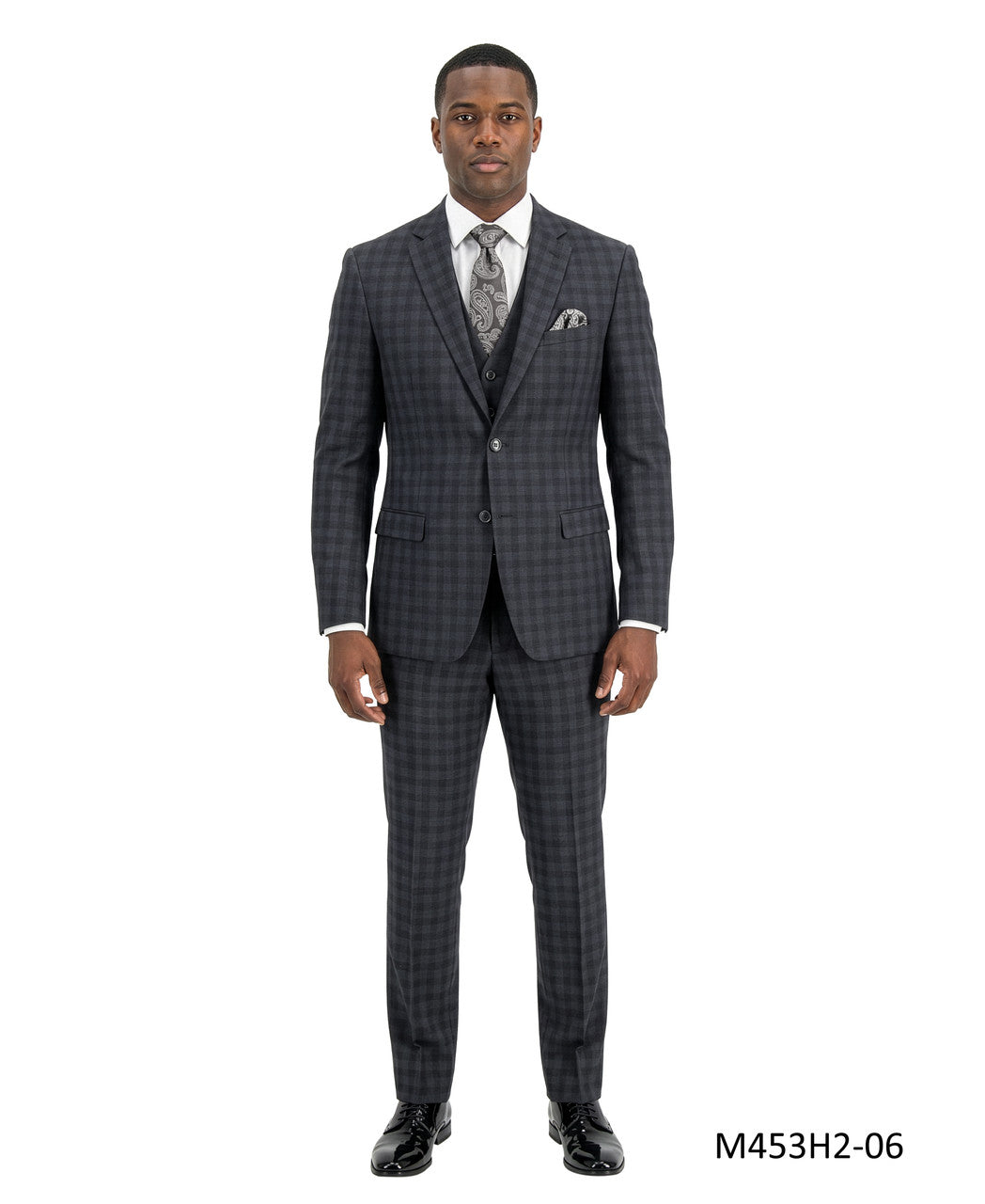 Charcoal Windowpane Plaid Notch Lapel 3 Piece Men's Suit