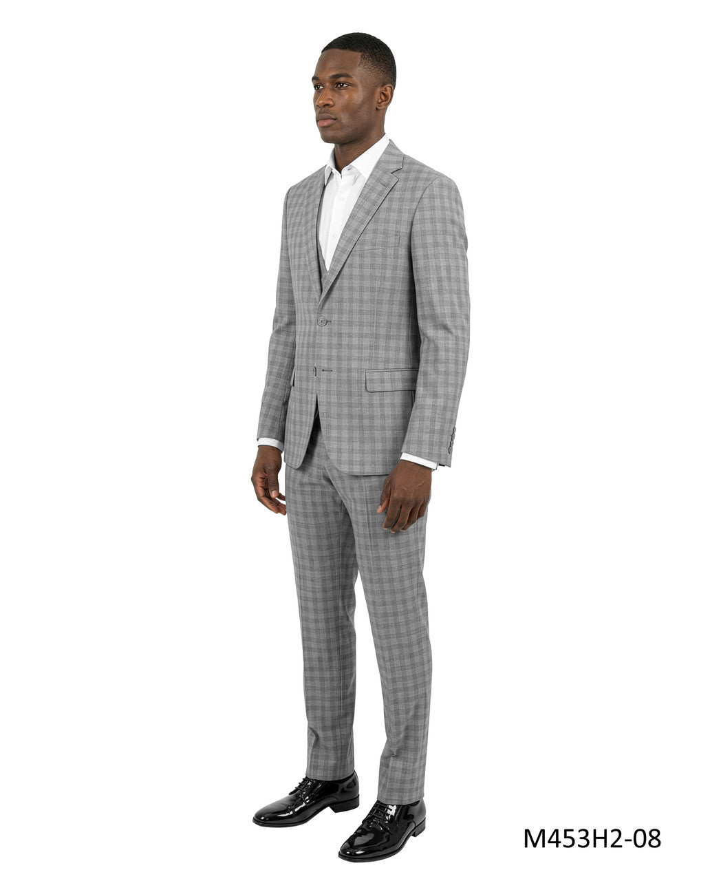 Light Grey Windowpane Plaid Notch Lapel 3 Piece Men's Suit