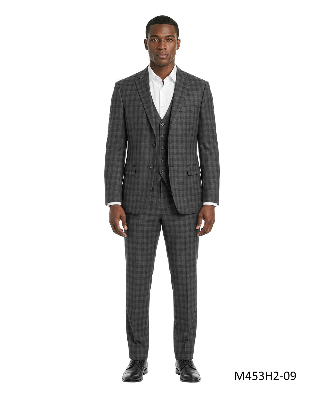 Dark Grey Windowpane Plaid Notch Lapel 3 Piece Men's Suit