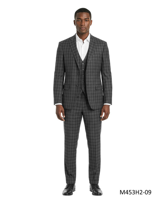 Dark Grey Windowpane Plaid Notch Lapel 3 Piece Men's Suit