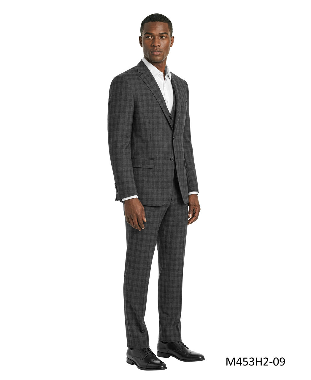 Dark Grey Windowpane Plaid Notch Lapel 3 Piece Men's Suit