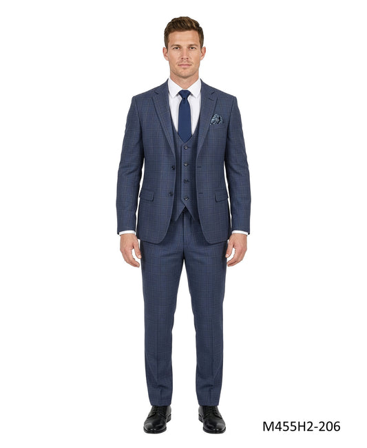Navy Windowpane Plaid Notch Lapel 3 Piece Men's Suit