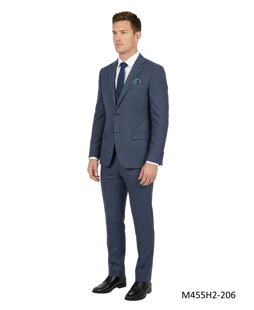 Navy Windowpane Plaid Notch Lapel 3 Piece Men's Suit