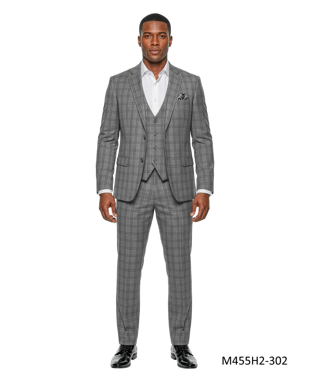 Grey Windowpane Plaid Notch Lapel 3 Piece Men's Suit