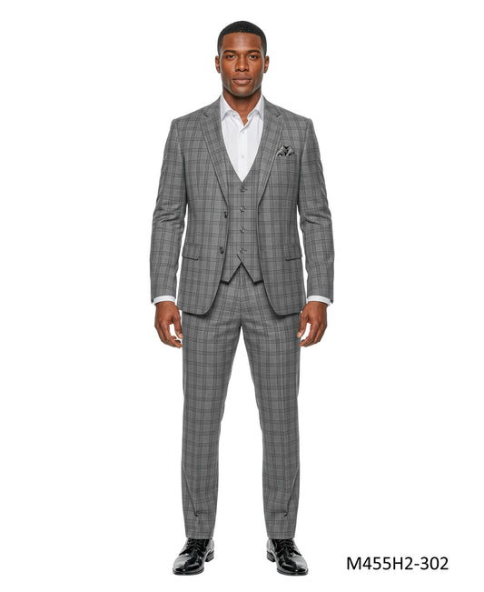 Grey Windowpane Plaid Notch Lapel 3 Piece Men's Suit
