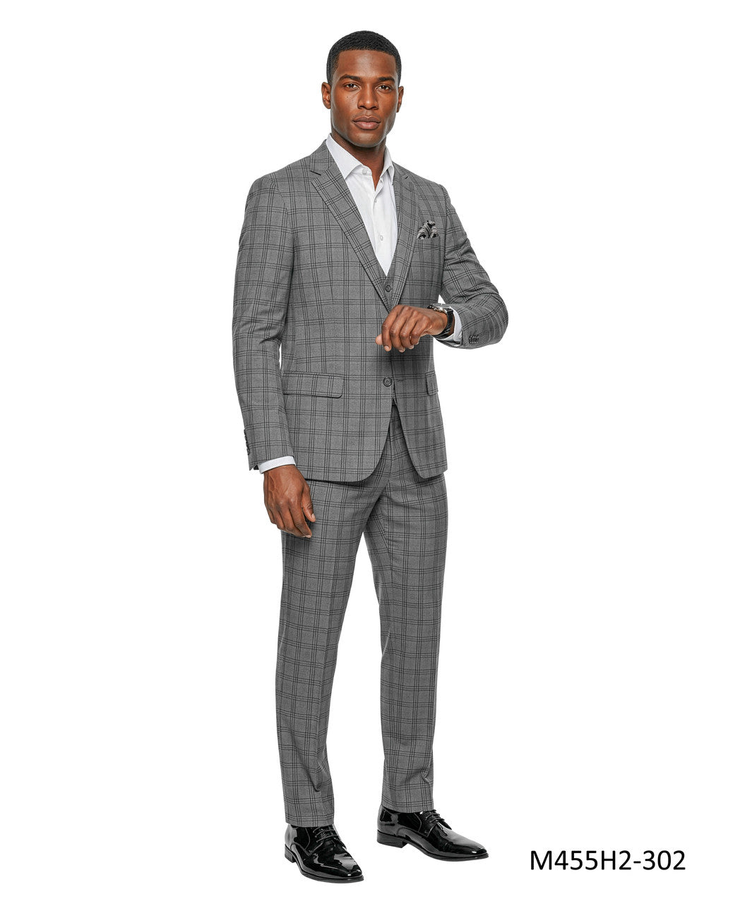 Grey Windowpane Plaid Notch Lapel 3 Piece Men's Suit