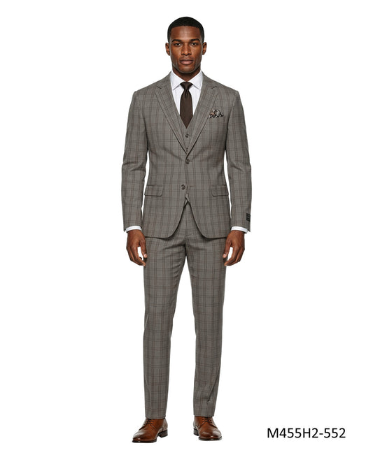Tan Windowpane Plaid Notch Lapel 3 Piece Men's Suit