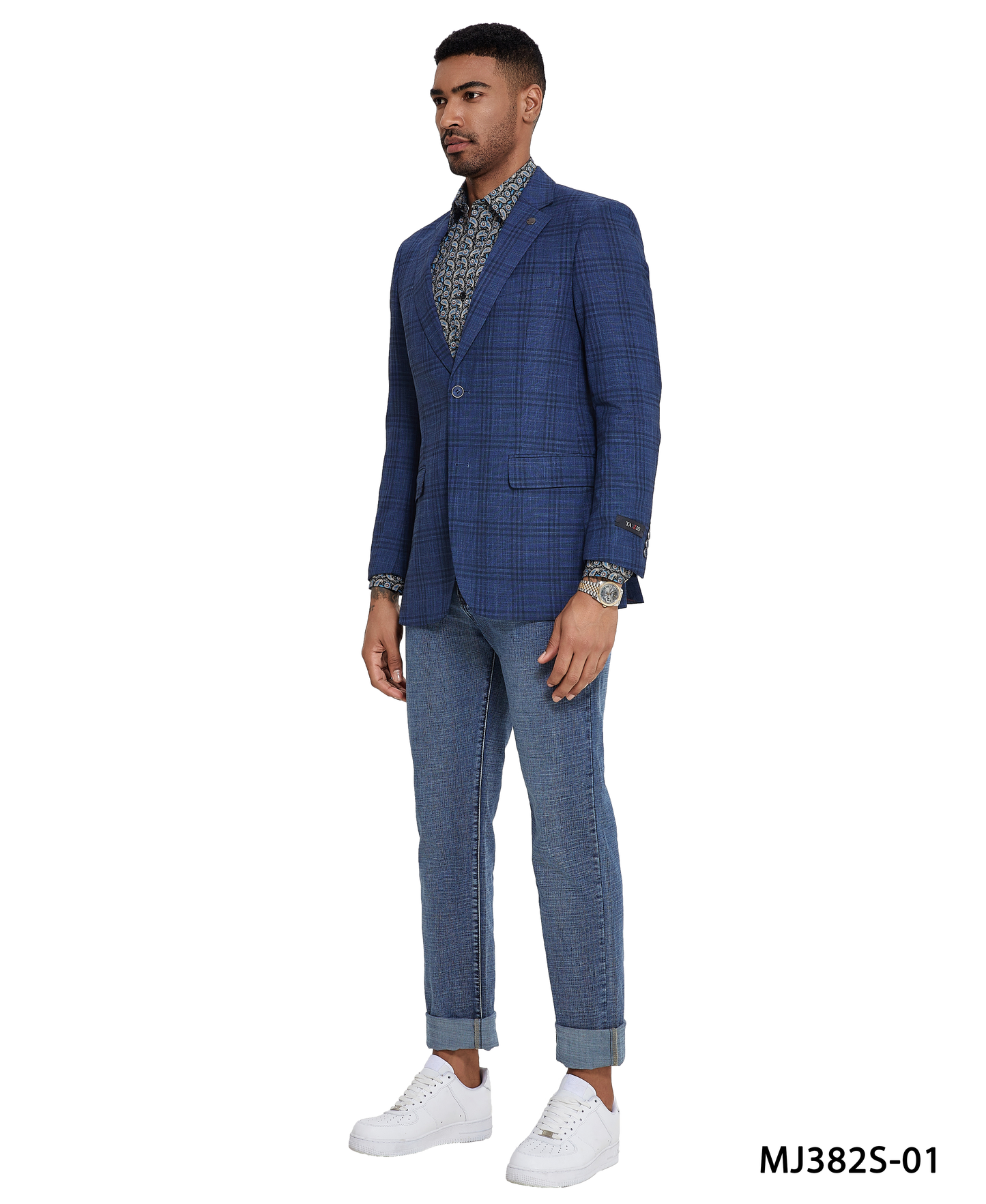 Blue Glen Plaid Notch Lapel Slim Fit Tazzio Men's Jacket