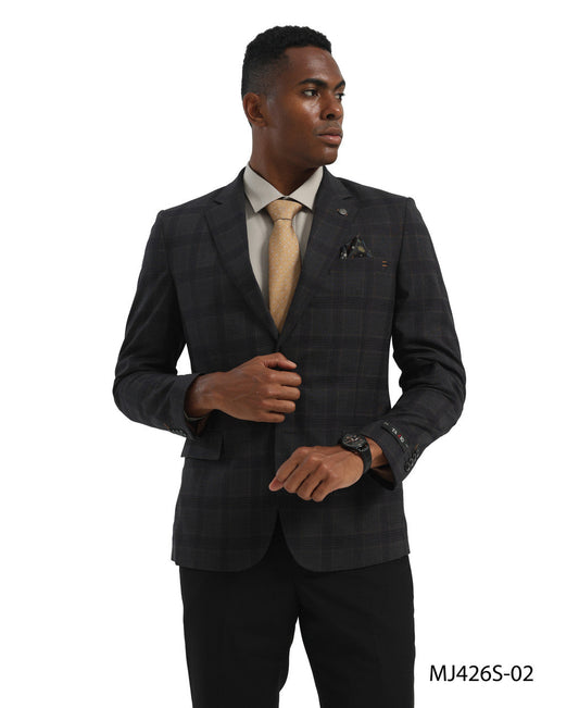 Charcoal Windowpane Check Notch Lapel Slim Fit Tazzio Men's Jacket