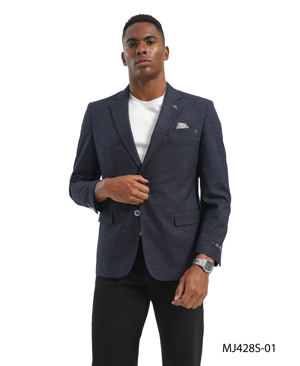 Navy  Textured Knit Check Notch Lapel Slim Fit Tazzio Men's Jacket
