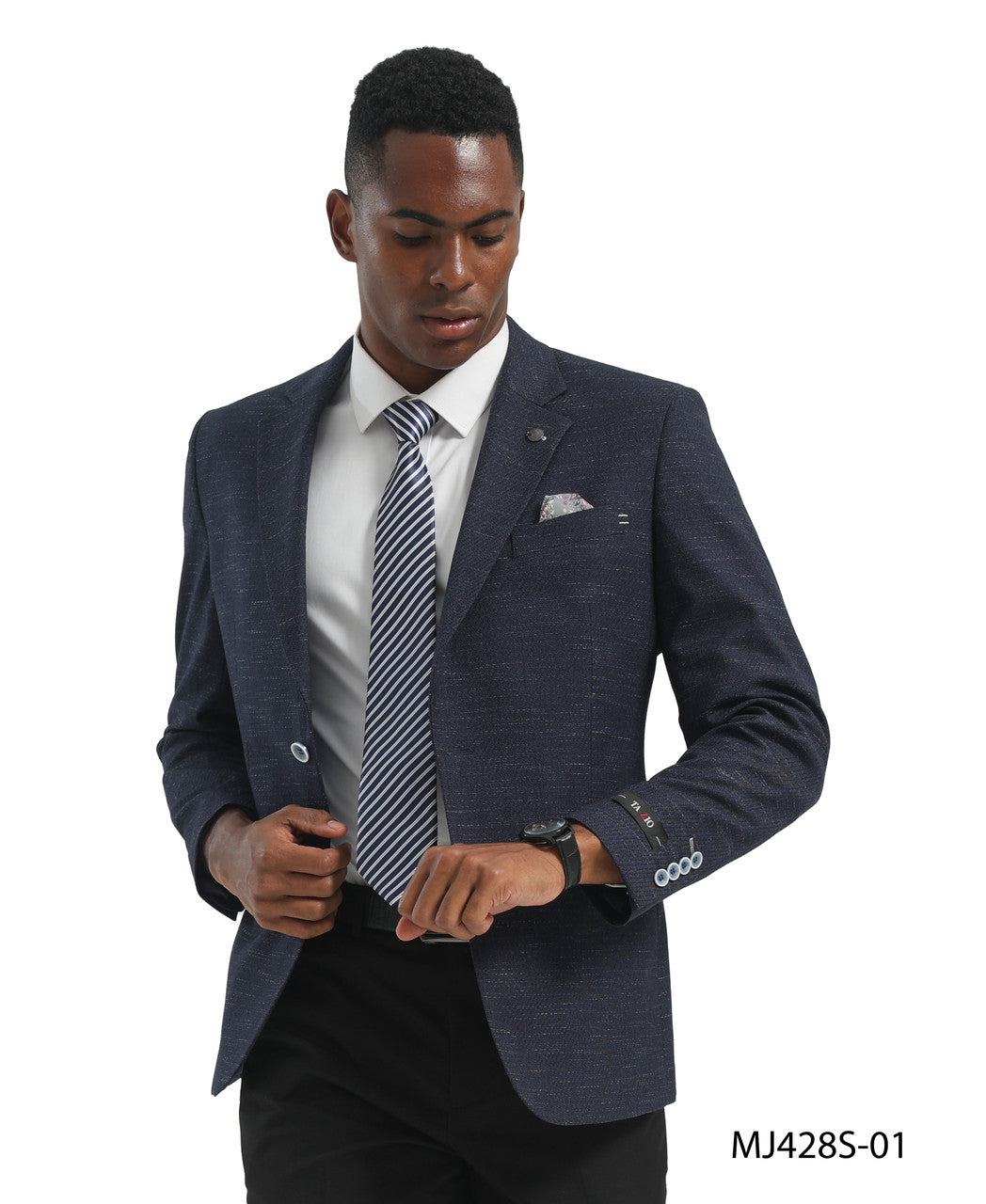 Navy  Textured Knit Check Notch Lapel Slim Fit Tazzio Men's Jacket
