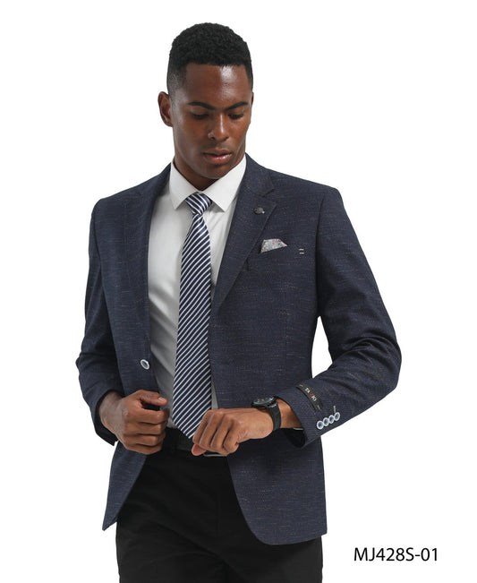 Navy  Textured Knit Check Notch Lapel Slim Fit Tazzio Men's Jacket