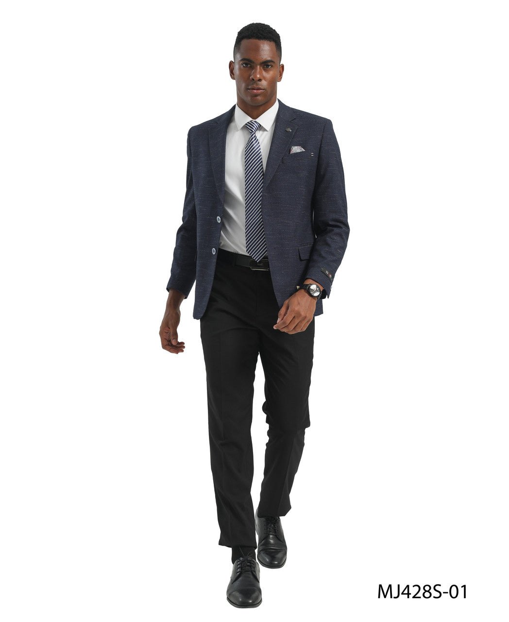 Navy  Textured Knit Check Notch Lapel Slim Fit Tazzio Men's Jacket
