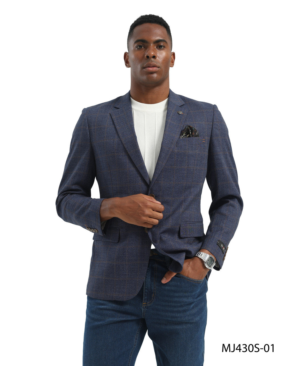 Blue Textured Windowpane Notch Lapel Slim Fit Tazzio Men's Jacket