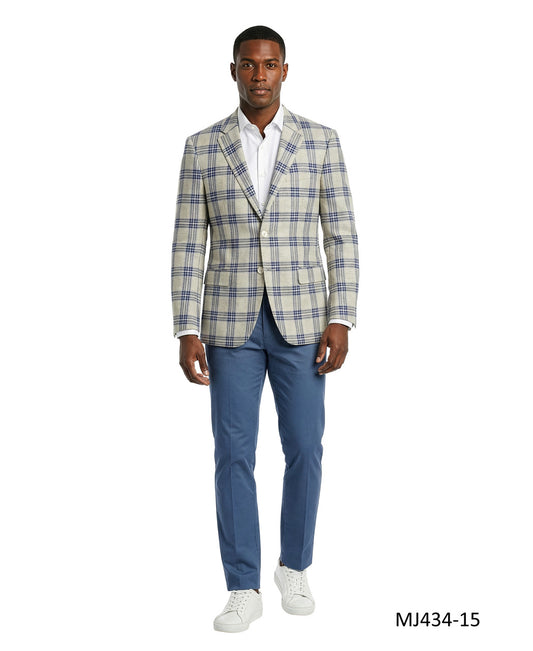 Grey / Blue Textured Glen Plaid Notch Lapel Nodern Fit Men's Jacket