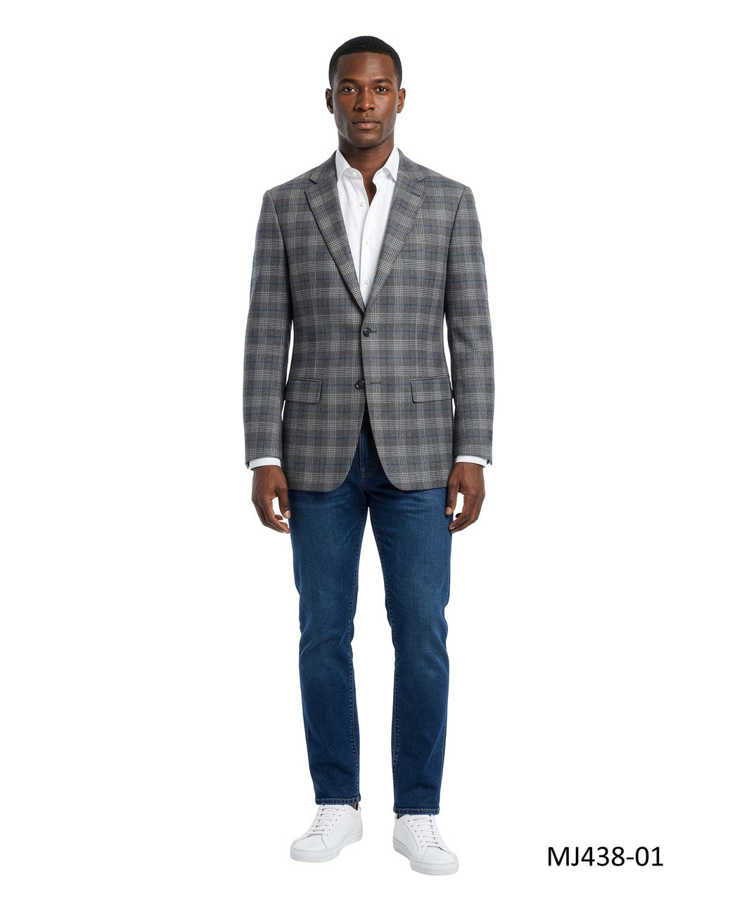 Grey Textured Plaid Notch Lapel Modern Fit Men's Jacket