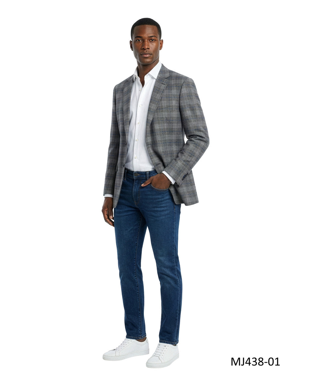 Grey Textured Plaid Notch Lapel Modern Fit Men's Jacket